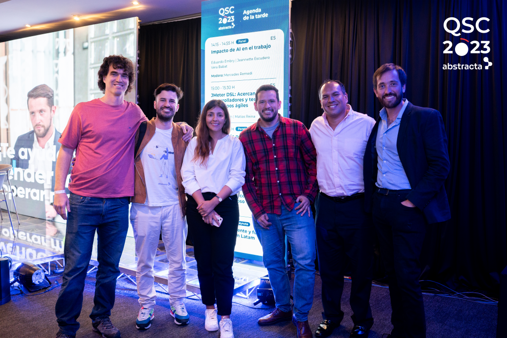 Matias Reina, Andréi Guchin, Jenifer Sanchez, Fernando Rivas,  Javier Cortavitarte, 
and Federico Toledo at Quality Conf Sense.