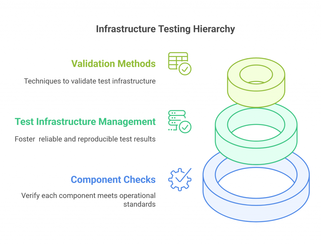 Diagram of Infrastructure Testing Hierarchy with layers for validation methods, test management, and verifying component standards.
