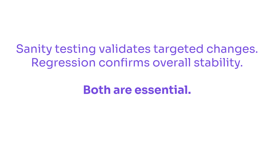 White background image with centered purple text. It reads: “Sanity testing validates targeted changes. Regression confirms overall stability.” Below, in bold: “Both are essential.”