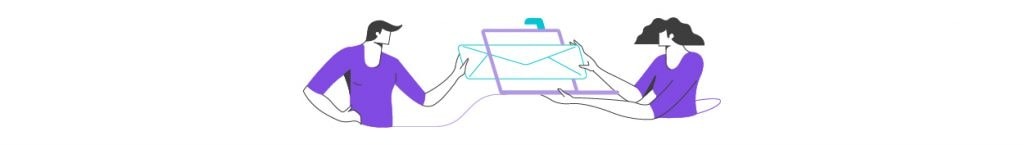 Illustration of two people sending a message, inviting readers to contact Abstracta.